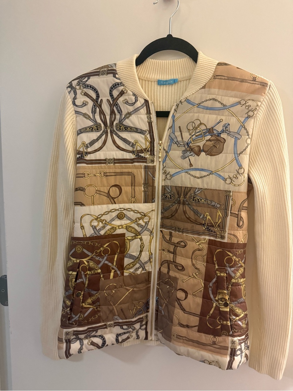 J. McLaughlin Cream & Tan Quilted Bomber with Equestrian Print